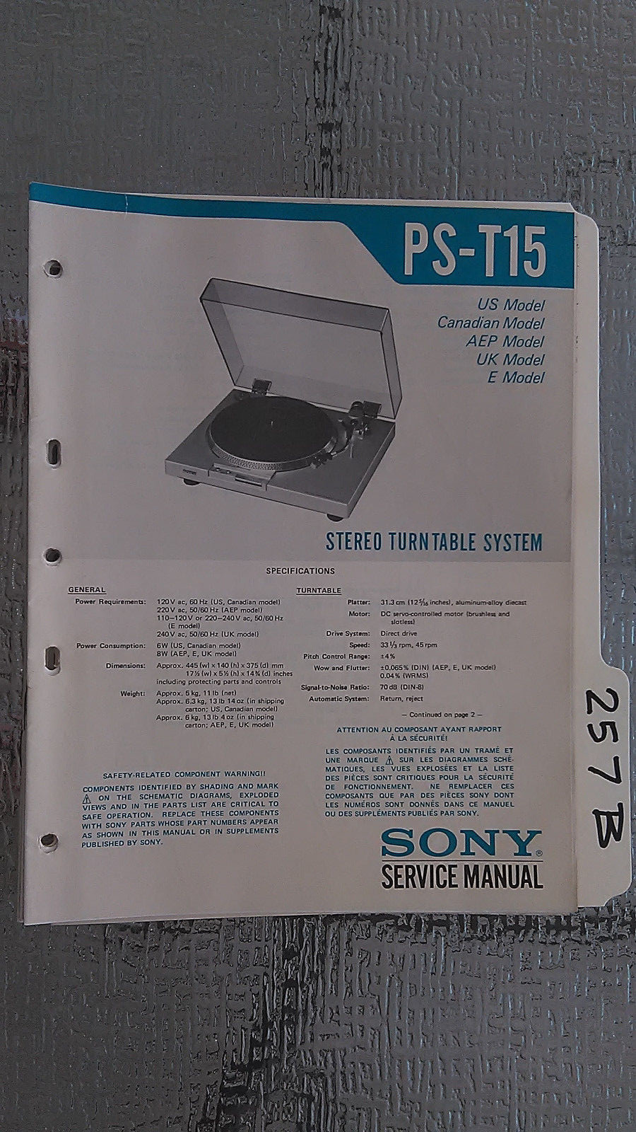 Sony pst15 service manual original repair book stereo turntable record