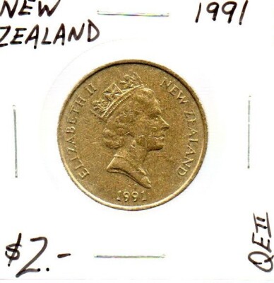 New Zealand -2 Dollar - 1991 - Stork and Queen Elizabeth II as