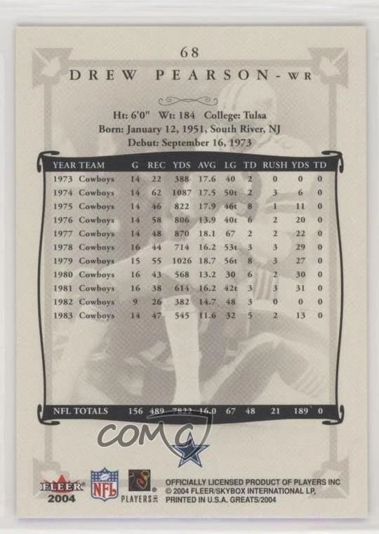 2004 Fleer Greats Drew Pearson #68 HOF - Image 2 of 2