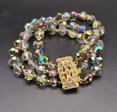Vintage 3-Strand Amber AB Crystal Bead Bracelet Gold Rhinestone Clasp 6.5''