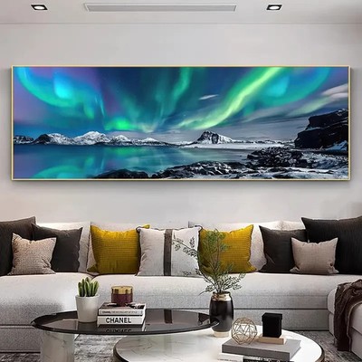 Panoramic Landscape with Vibrant Northern Lights Canvas Wall Art Home Decor