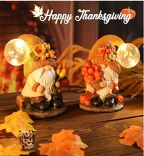 Ovewios Lighted Fall Gnome Figurines Resin Autumn Decor Battery Operate Set of 2