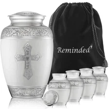 Set of 5 Cross Cremation Urns for Human Ashes - 1 Adult + 4 Keepsake, White