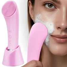 Facial Cleansing Brush, Rechargeable Silicone Face Scrubber with Heat Massage En