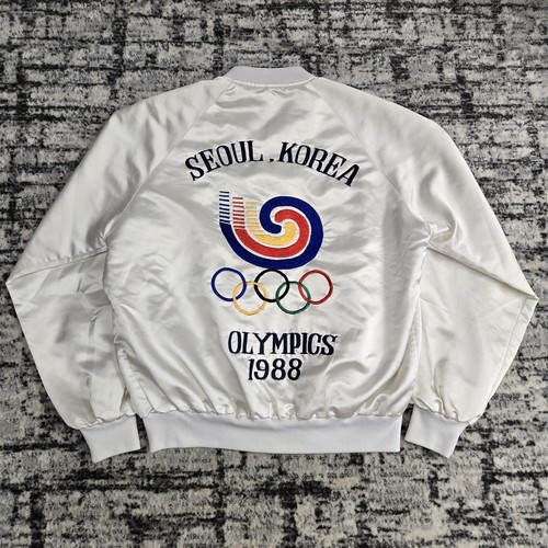 Vtg 1988 Seoul Korea Olympics Satin Jacket Large White Full Zip 80s - Picture 1 of 15