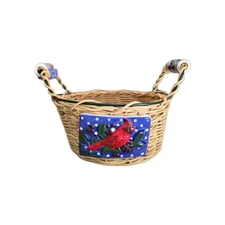 Woven Basket with Ceramic Handles and Painted Block with Cardinal *READ*