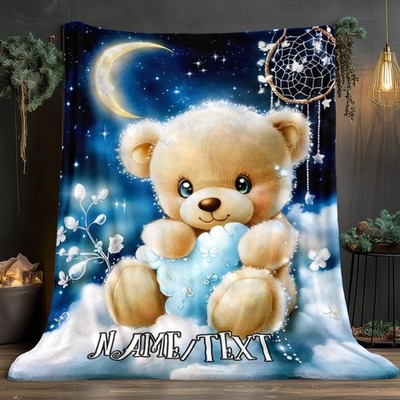 1pc Personalized Teddy Bear Plush Texture Flannel Blanket- NameText- Soft Ligh