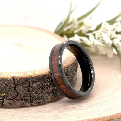 6mm Black Tungsten Carbide Band Wood Inlay Polish Unisex Ring For Christmas Gift
