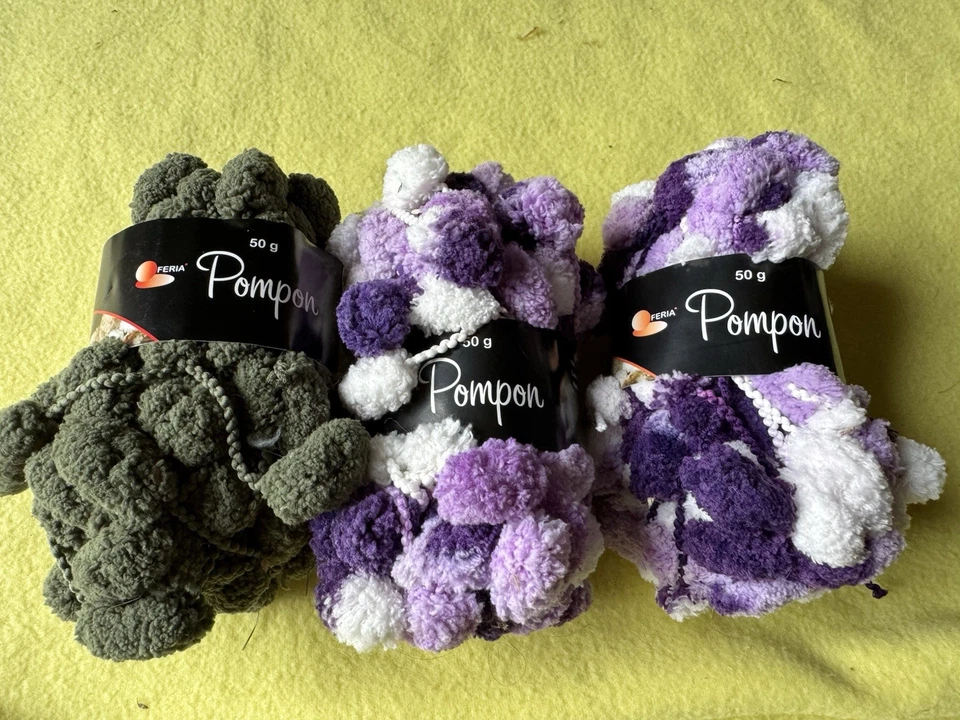 Neu  3 X 50g Pomponwolle Wolle Konvolut Stricken Häkeln Handarbeit Lila Grün