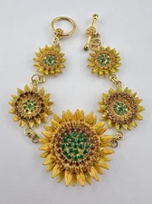 RARE Lunch at the Ritz Gold Tone Rhinestone Sunflower Toggle Link Bracelet