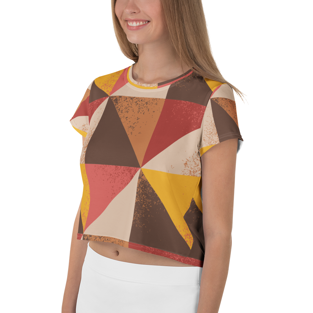 Women's Brown Geometric Crop Top Stretch Jersey Short Sleeve Pinwheel Design