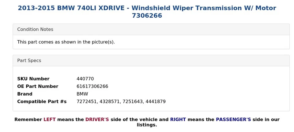2013-2015 BMW 740LI XDRIVE - Windshield Wiper Transmission W/ Motor 7306266 - Image 4 of 4
