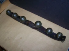 Antique Brass Jingle Sleigh Bells on a Primitive Leather Strap 6 Bells Vintage