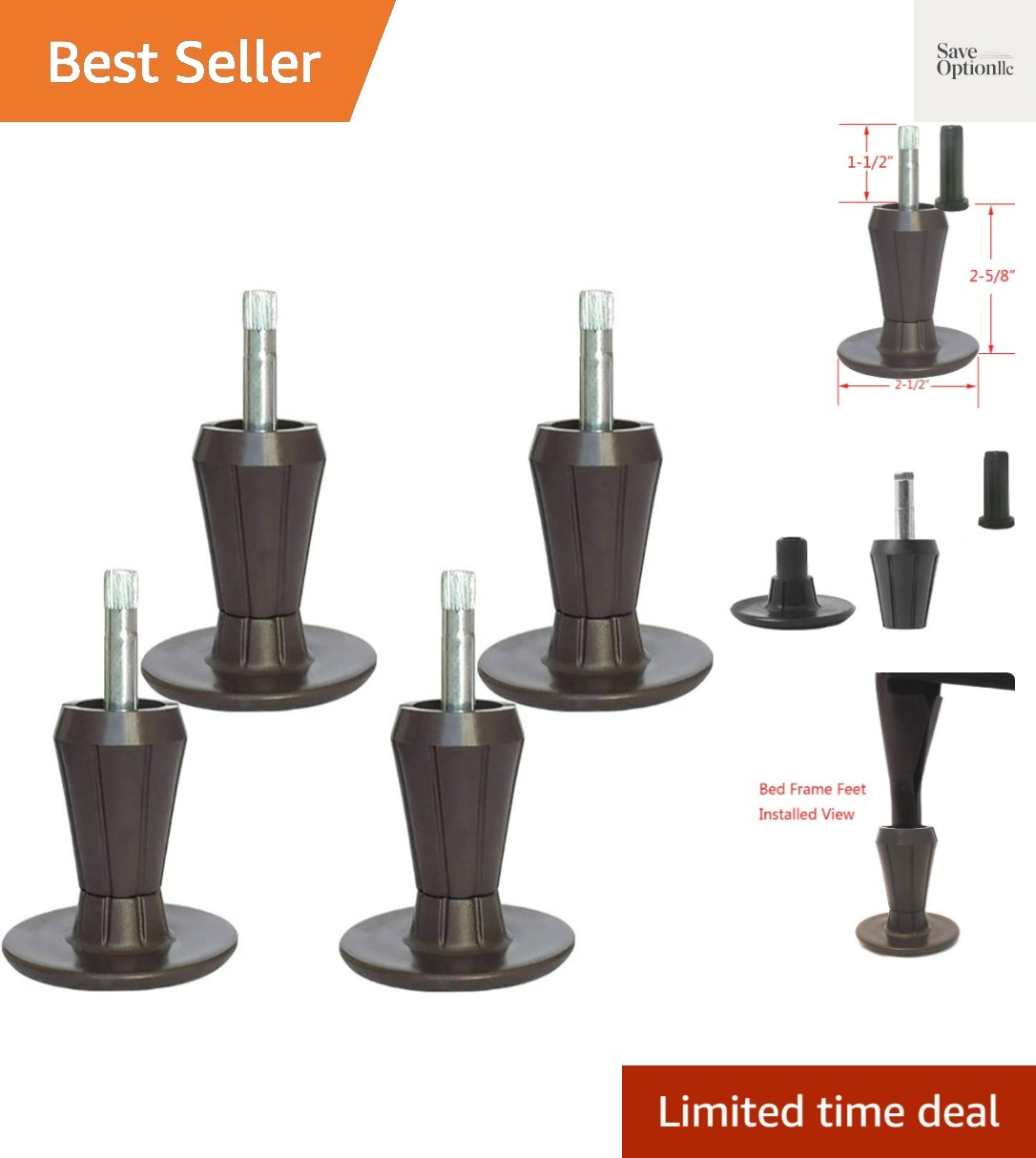 Feet, 2-piece Steel Stem Plastic Bed Frame Glide Legs T...