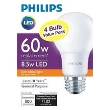 Philips 60W Equivalent Soft White A19 LED Light Bulb Non-Dimmable (4 Pack)