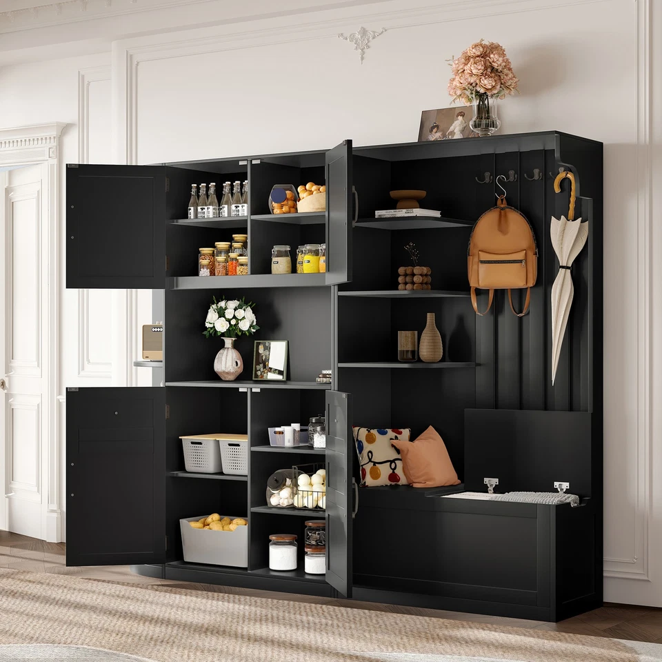 2 in 1 Hall Tree Storage Cabinet, Left Right Combo Entryway Shoe Bench w/Hooks - Image 2 of 4