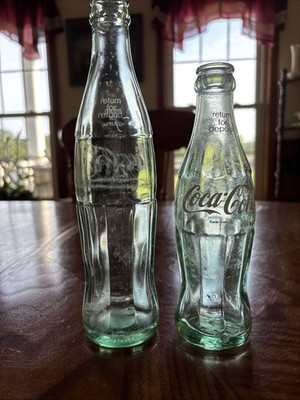 2- Vintage Antique Soda Pop Bottles, Coke, Clear, Different Sizes, Virginia /MI 