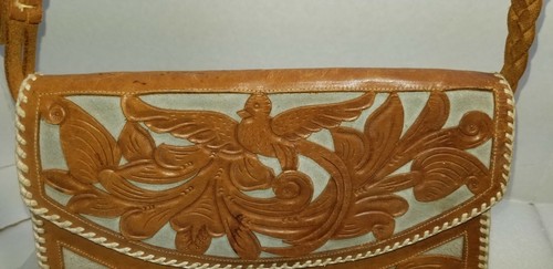 Hand Tooled Bird & Floral Embossed Mexico Brown Leather Purse Boho Western - Picture 2 of 12