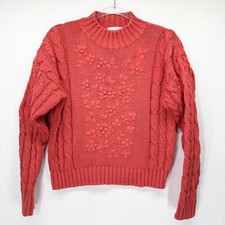 Casual Corner VTG S Floral Embroidered Coral Cable Knit Sweater Ramie Cotton