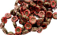 Czech Glass Hibiscus Beads In Coral Wash Picasso Finish 10mm 12 Per Strand