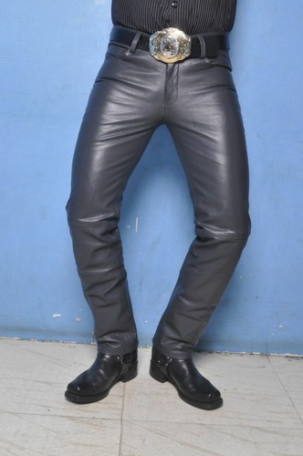Leather Pants Men's Pant Real Men Biker Trousers Jeans Style Motorcycle Gray 36 - Picture 5 of 6