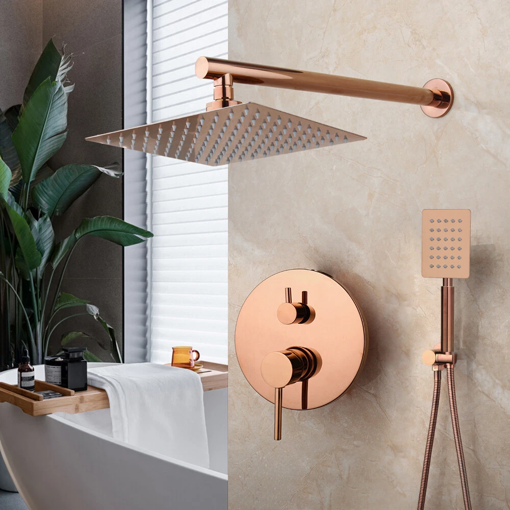 10" Square Rain Shower Head Rose Gold 2-Way Mixer Valve Handheld Shower Faucets