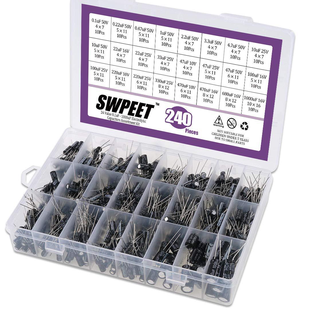 240Pcs 24 Kinds Different Electrolytic Capacitors Range 0.1uF 1000uF Assortment