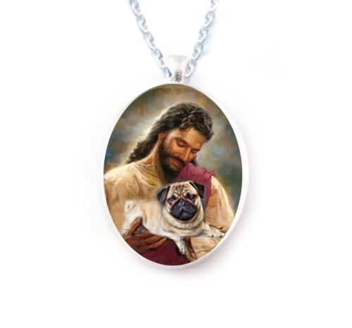 Collier caméo en porcelaine Pug Dog Jesus pendentif bijoux fait main NEUF plaqué or - Photo 1 sur 2