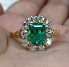 2 Ct Emerald Cut Simulated Emerald Halo Engagement Ring 14K Yellow Gold Plated