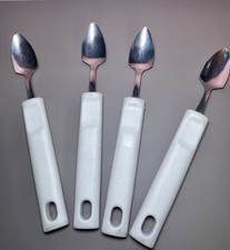 Vintage Set of 4 Serrated Grapefruit Spoons - White Plastic Handle