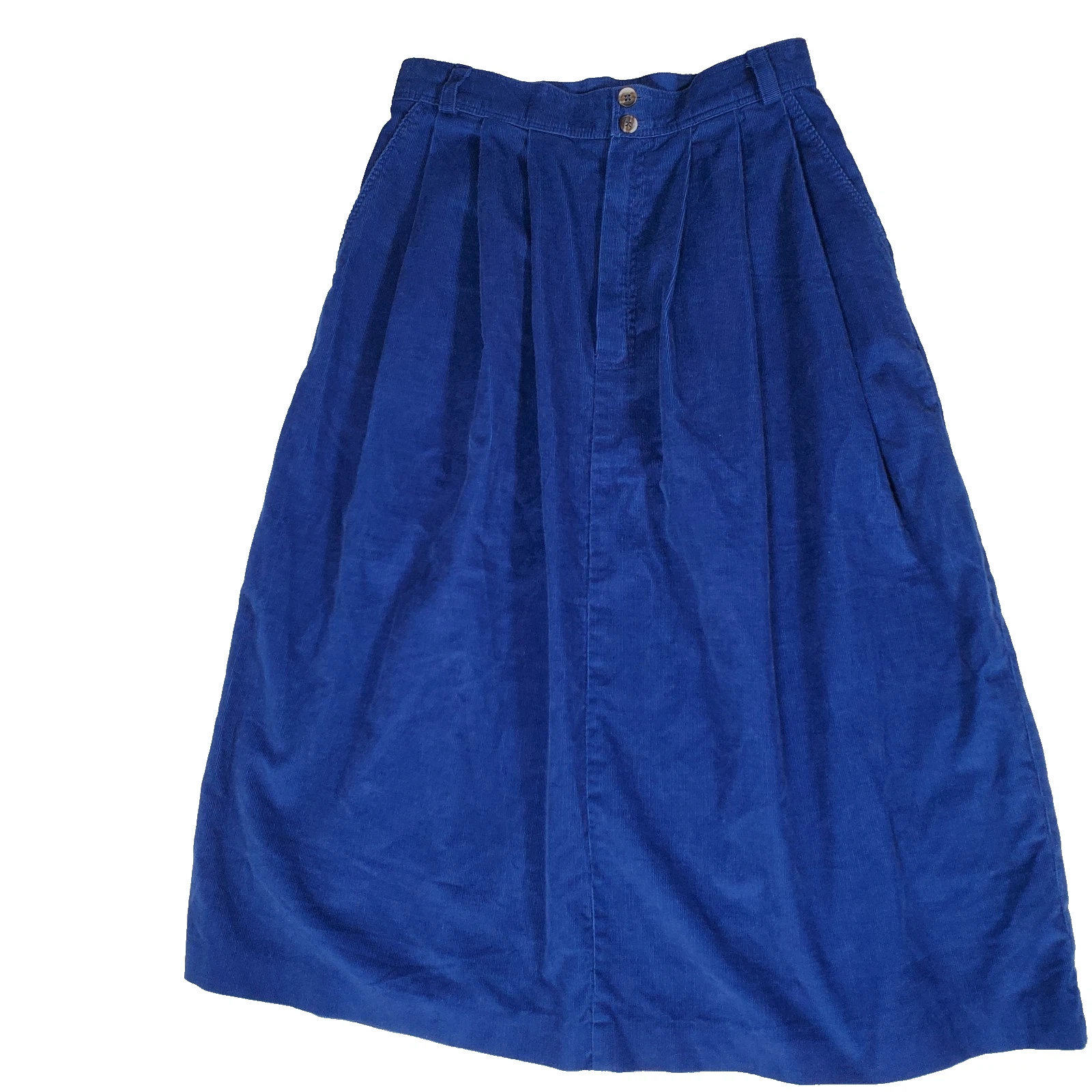 VTG LL Bean Women's Corduroy Midi Skirt Size 12 Petite Blue Cotton Blend Pleated