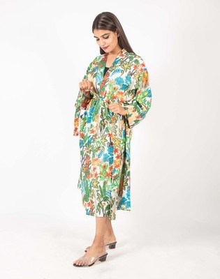 Indian White Frida Long Cotton Beach Cover-Up Kimono Night Kimono Bath Robes US