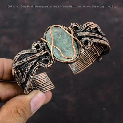 Oval Natural Moss Prehnite Copper Trendy Birthday Wire Wrapped New Cuff Bracelet - Image 1 of 4