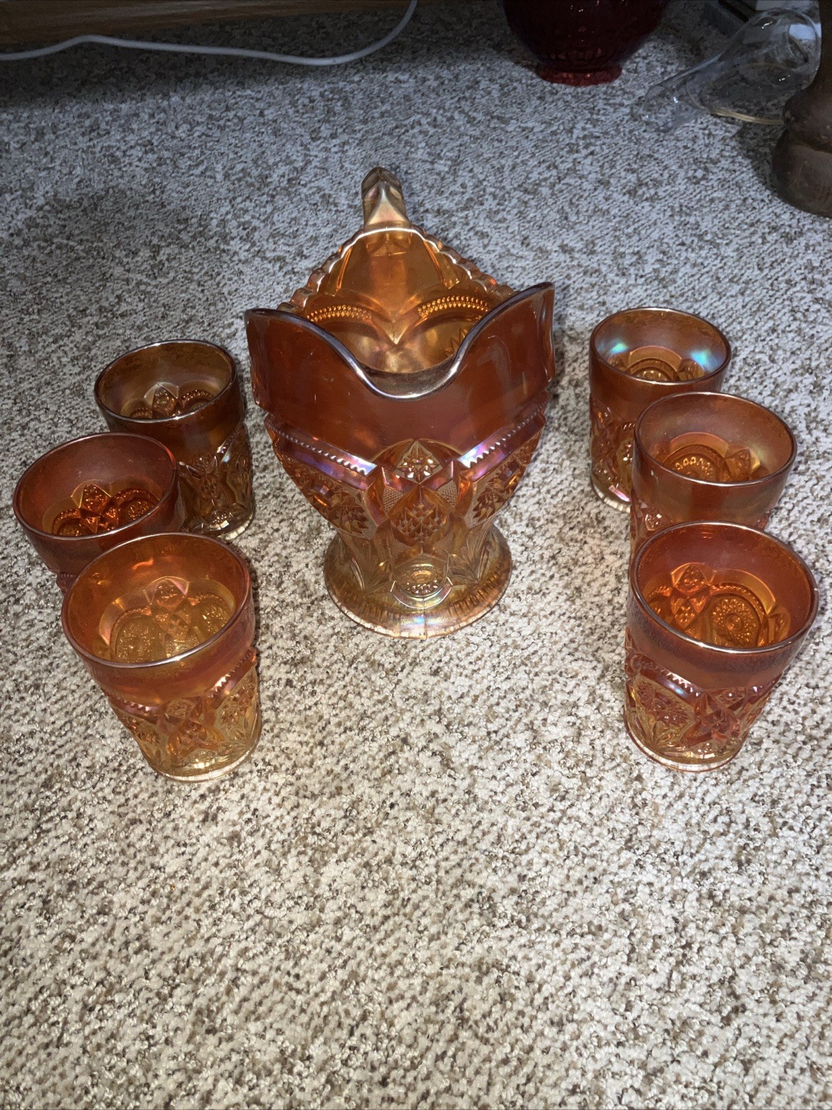 Carnival Glass  Imperial Marigold Water Set 6 Tumblers, 1 Pitcher