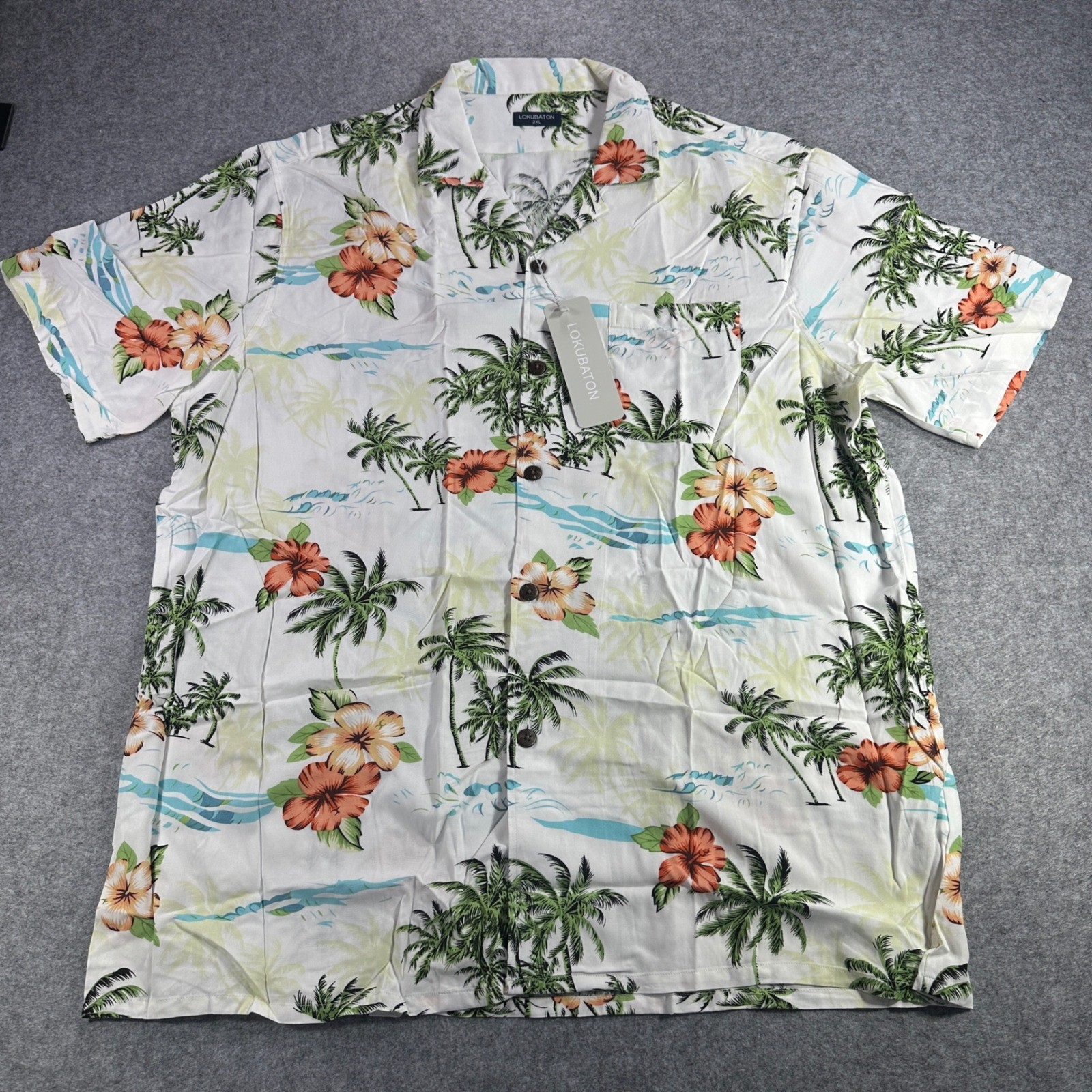 Mens 2XL Tropical Palm Tree Hawaiian Hibiscus Floral Button Up Shirt Beachcore