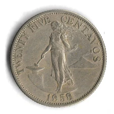 1958 Philippines 25 Centavos World Coin - Mintage 10,000,000 - KM# 189 (c)