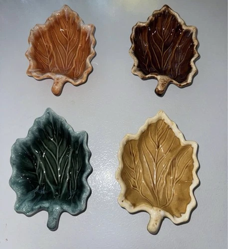 4 Vintage HULL pottery OVEN SAFE Fall Leaf tray, trinket dish or bowls