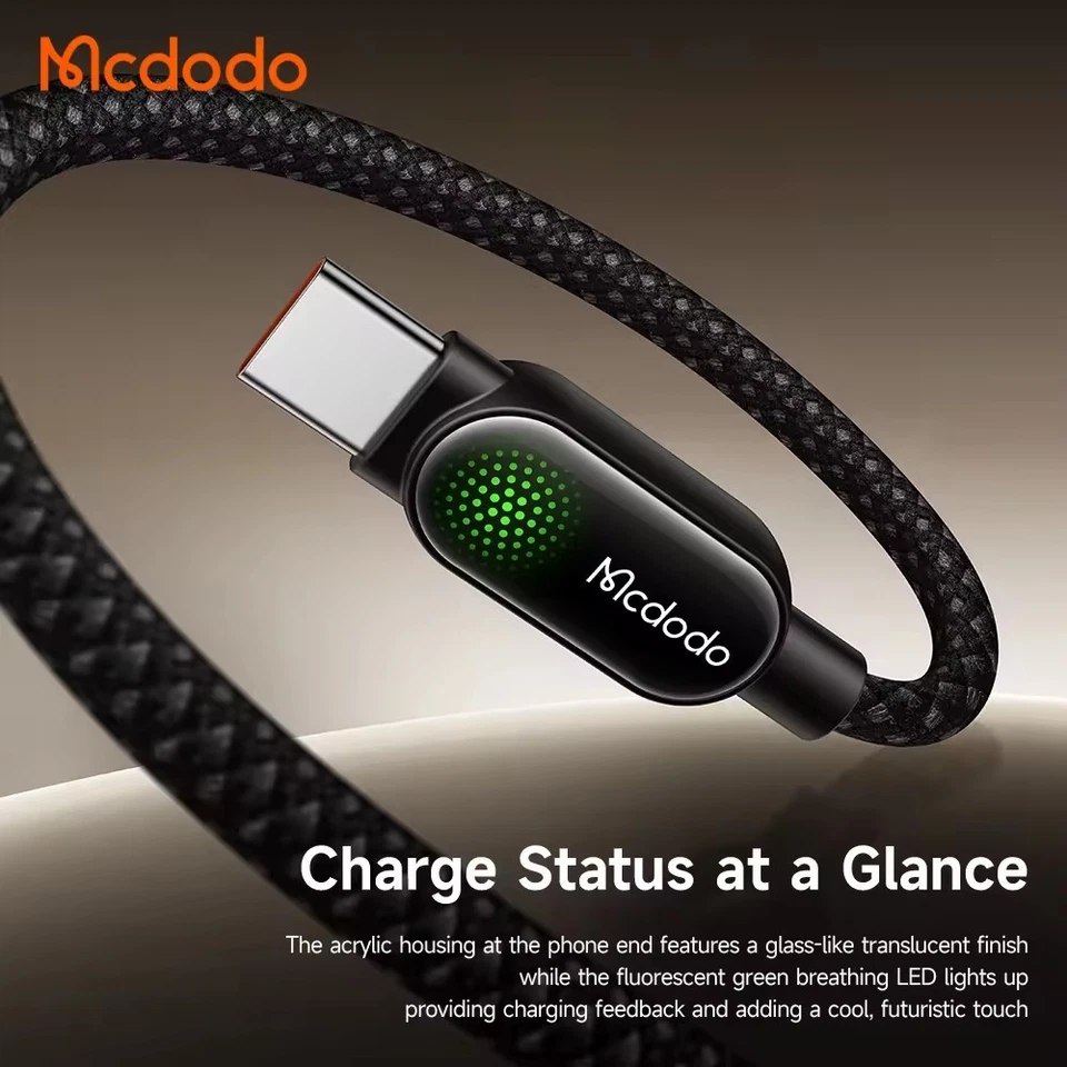 Mcdodo 100W USB-C to C Cable Neon Green Breathing Light 5A Fast Charge Braided - Image 2 of 4