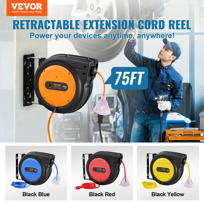 VEVOR Retractable Extension Cord Reel, 75FT 14AWG/3C SJTOW, Heavy Duty Power Cor