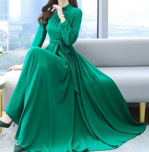 Damen Langarm O-Ausschnitt Swing Kleid Abend Ballkleid Mode Langes Maxikleid - Bild 17 von 19