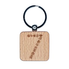 Elegant Botanical Floral Number 7 Engraved Wood Square Keychain Tag Charm