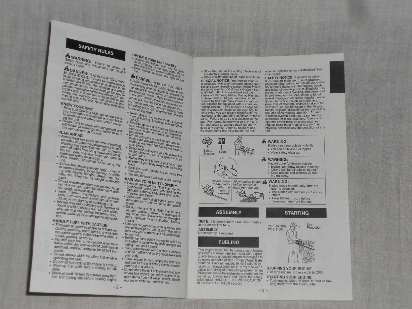 Operators Manual, Weed Eater Excalibur Hedge Trimmer GHT 180/220 eBay