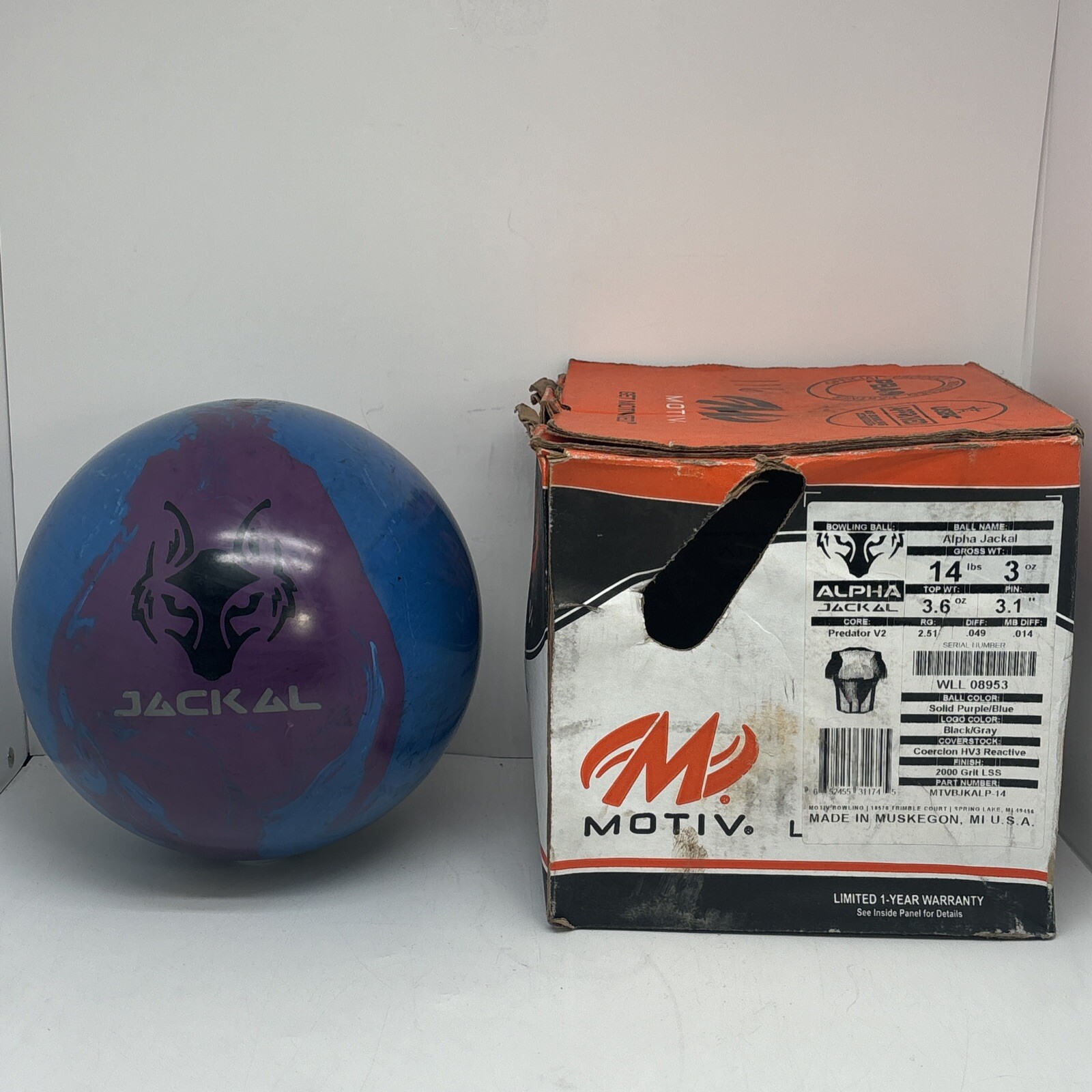 MOTIV Alpha Jackal Bowling Ball 14lb Purple Blue Original Box RARE