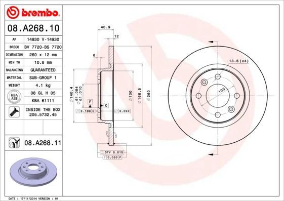 2X Brembo 08.A268.11 Bremsscheibe FüR Dacia Renault Smart-image