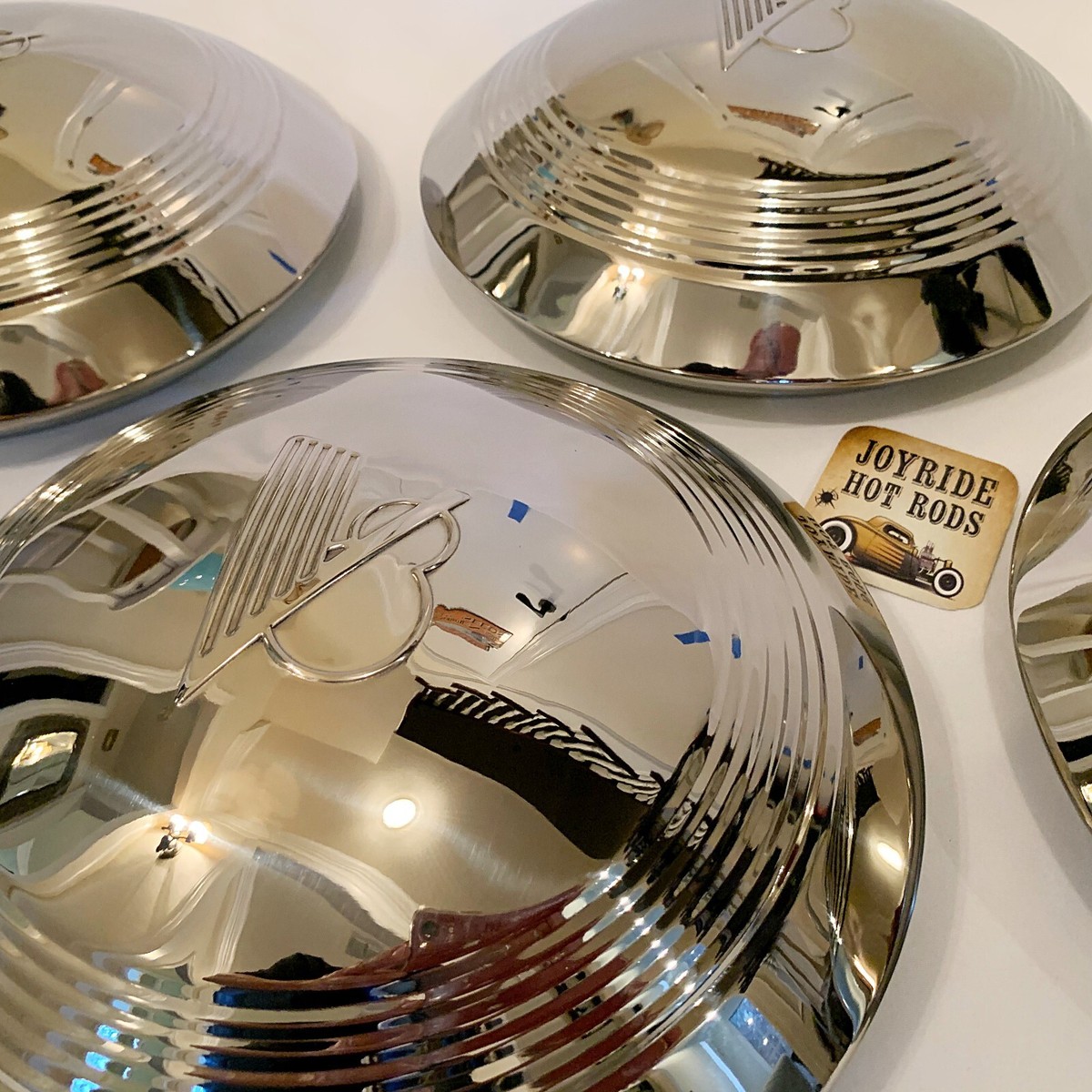 1940-41 Ford Embossed V8 Center Hub Caps for Stock or 'Gennie