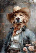 GOLDEN RETRIEVER IN WESTERN HAT ART PRINT, Dog Poster, Puppy Home Decor E172