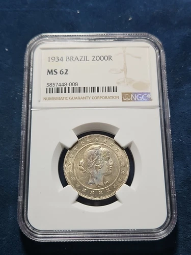 Brazil Silver 1934 2000 Reis NGC MS62 Last Year Type KM# 526 