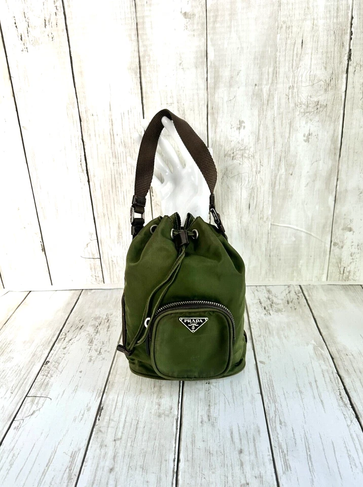 PRADA Mini DUET GREEN VELA NYLON  BROWN Saffiano Trim Drawstring Bucket # 31 /28 - Image 2 of 4