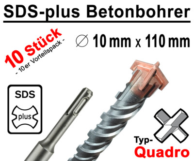 10 Stück SDS-plus Betonbohrer 10 x 110 mm Quadro Bohrer Hammerbohrer Steinbohrer