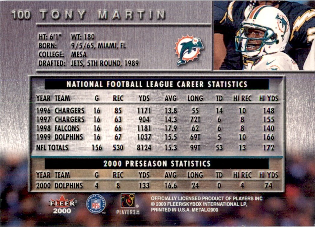 2000 Fleer Metal Tony Martin Miami Dolphins #100 NFL Football Card